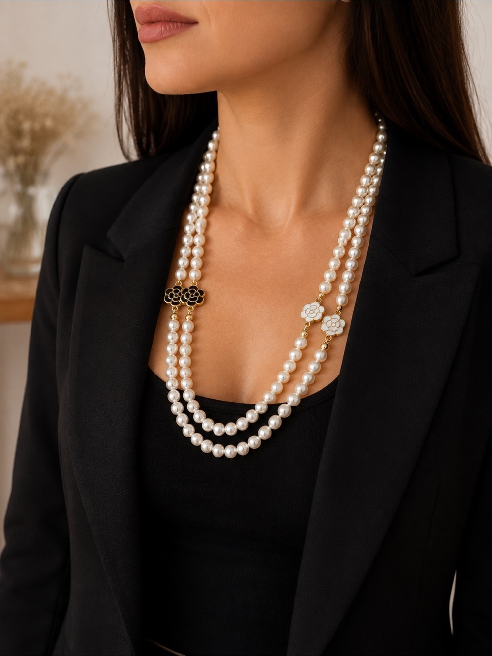 Double Strand Pearl Necklace with Floral Accents